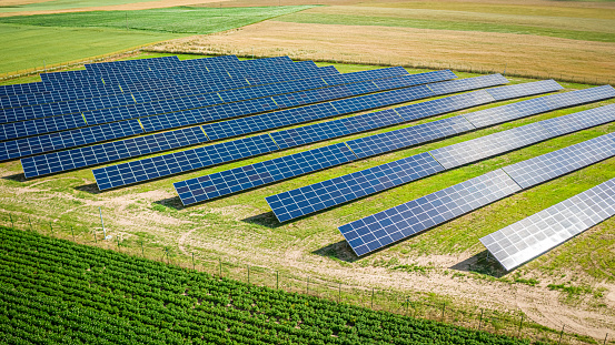 Solar panels on field in summer, aerial view of Poland, Europe